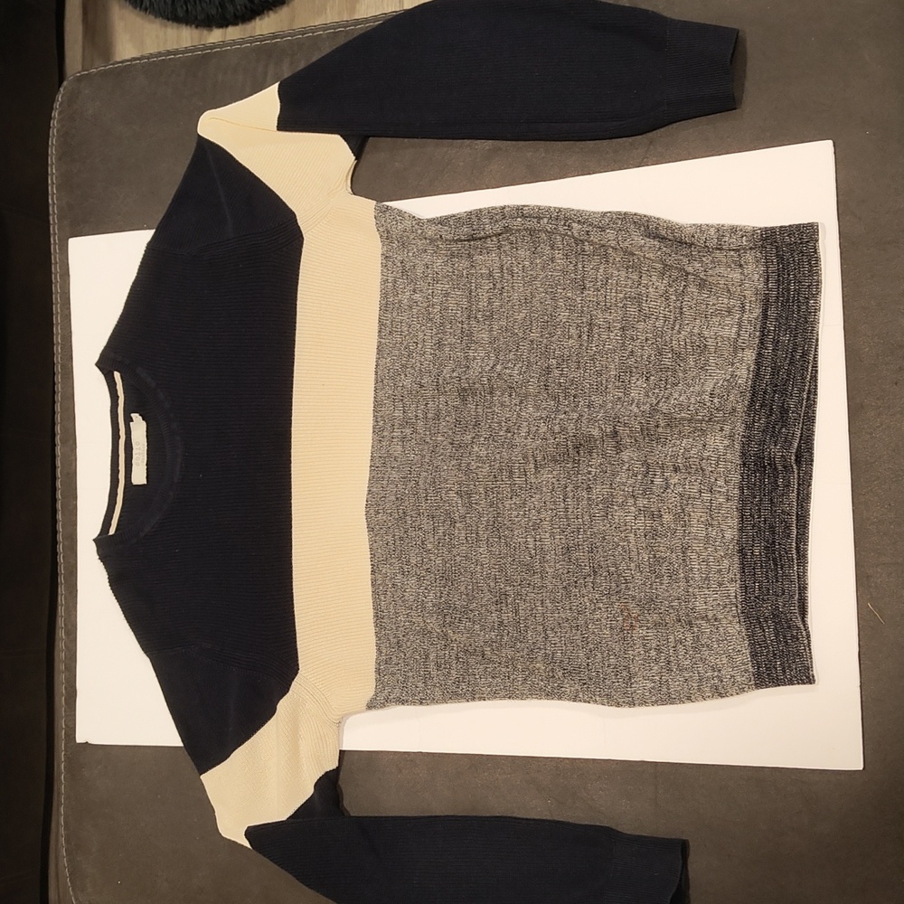 Celio Atelier Mens Long Sleeve Crewneck Navy Blue Tan And Grey Sweater Medium